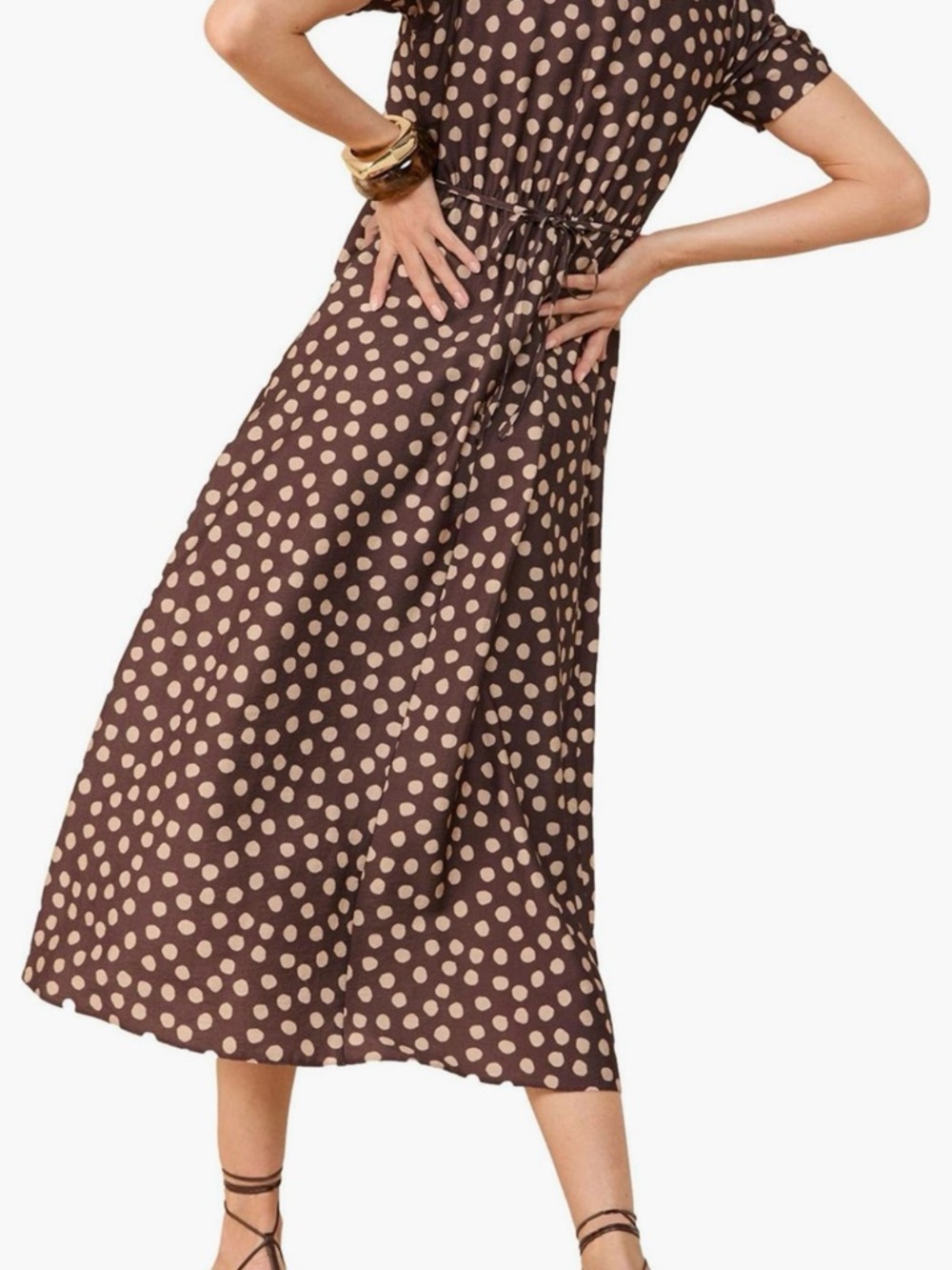 Polka Dot Midi Dress in Brown with Beige Dots - Picture 2 of 2
